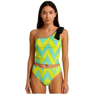 Bow Two Piece Swimsuit Women’s Size Medium One Shoulder with Black Bow Lime